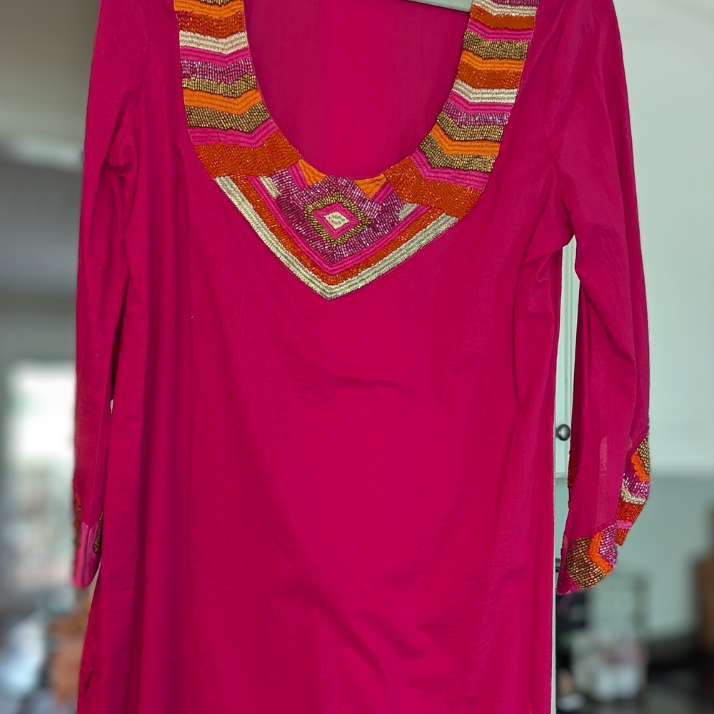 Vibrant Pink Tunic with Beaded Neckline